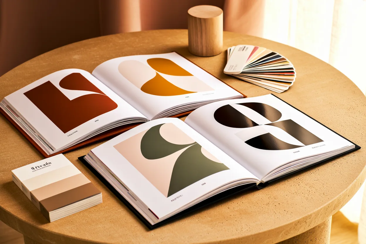 Open brand guideline books showing identity systems