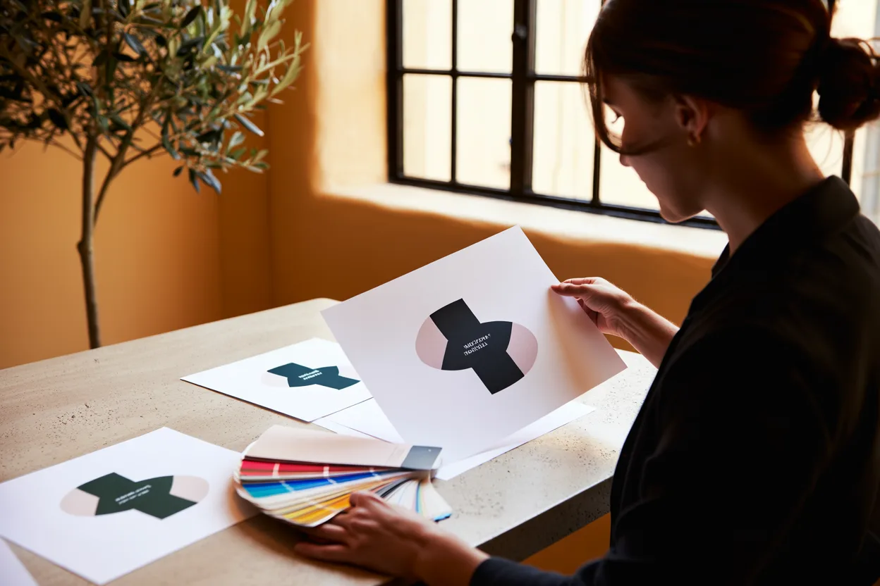 A designer reviewing printed brand studies and swatches in the studio