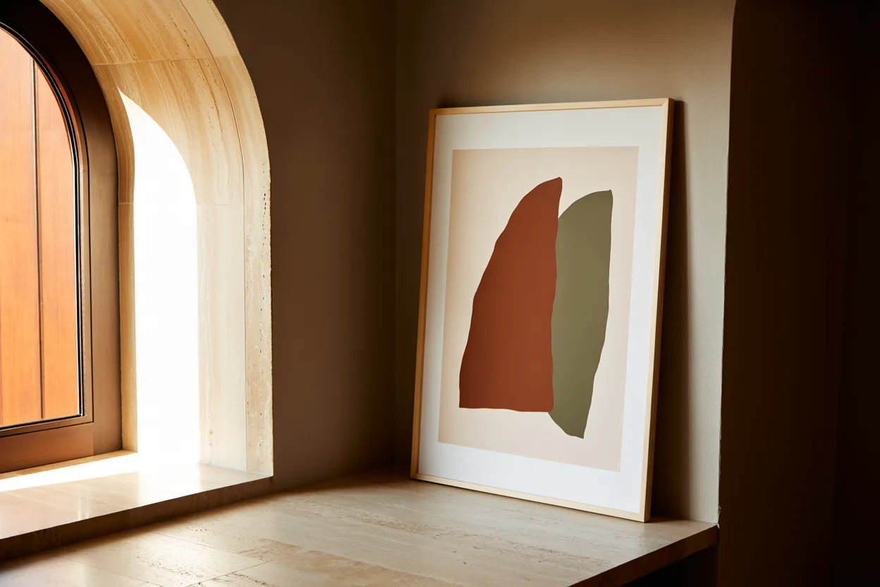 A finished brand identity framed in the studio